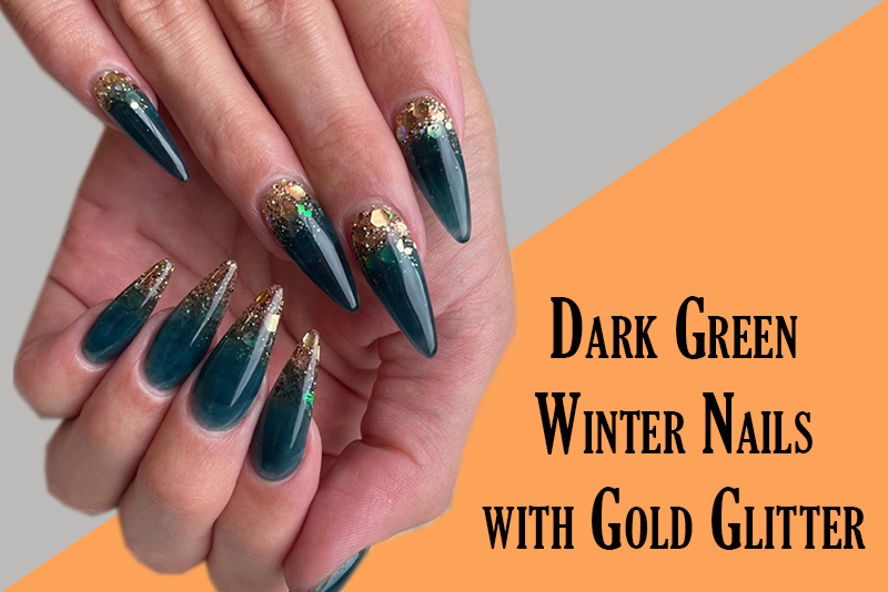 Dark Green Winter Nails with Gold Glitter