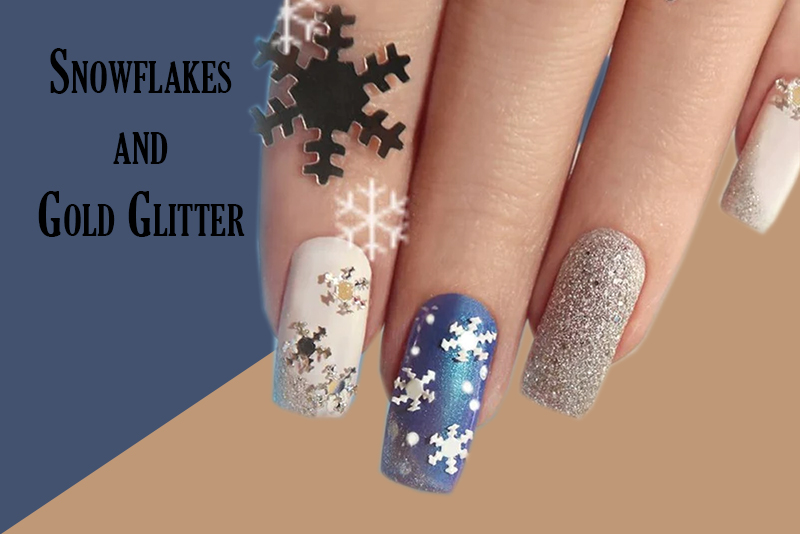 Nude Winter Nails with Snowflakes and Gold Glitter